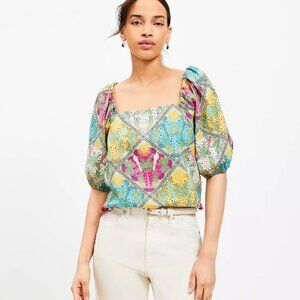 LOFT Blouse size XL Colorful Tropical Palm Bubble Sleeve Square Neck Top